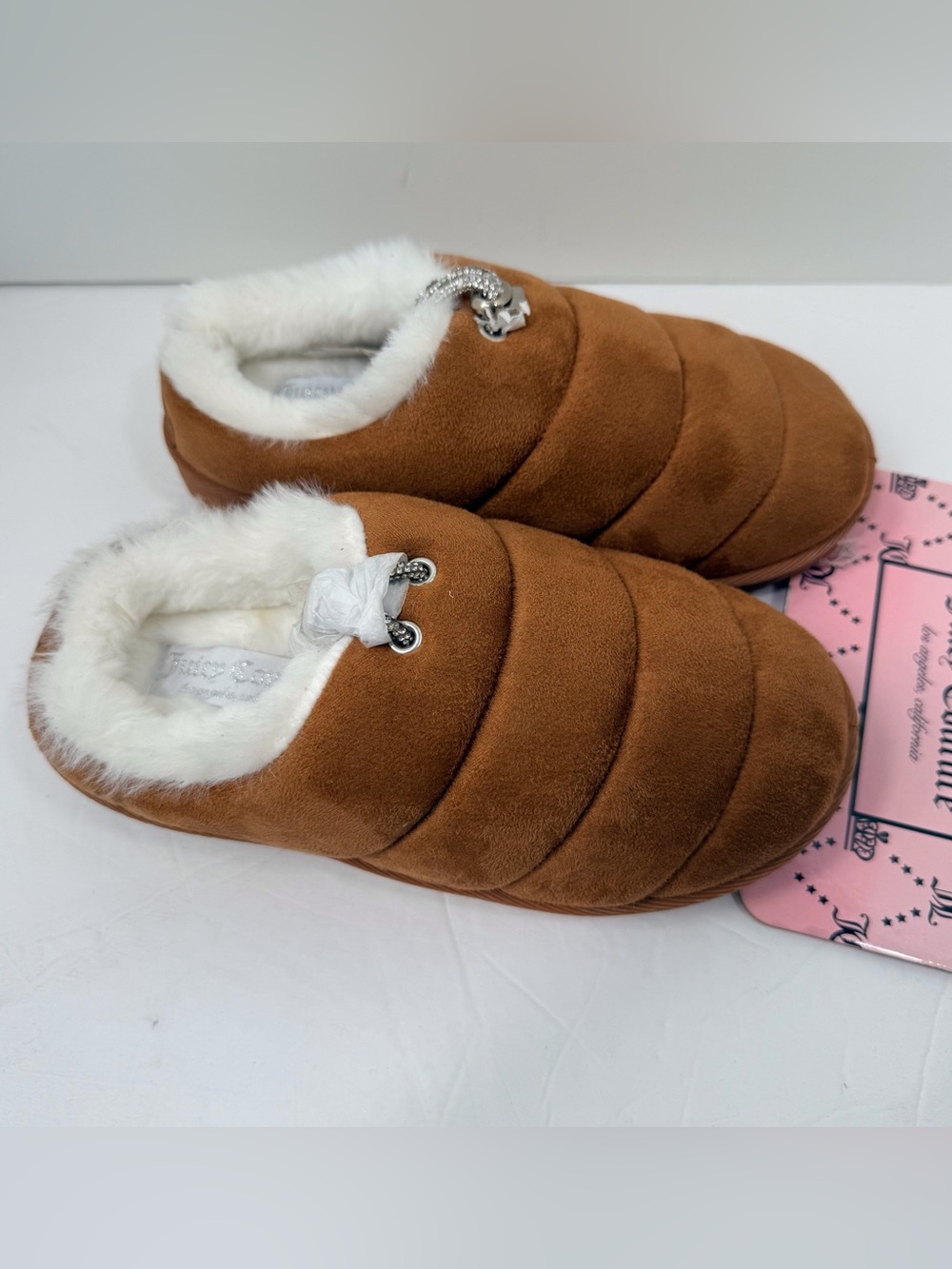 Juicy Couture Cozy Faux-Suede Brown Quilted Slip-On Slippers - Picture 3 of 9